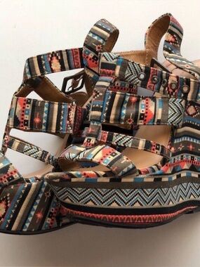 Dollhouse Multicolor Aztec Platform Sandals - Coral, Teal, Black